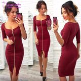 Solid Color Zipper Half Sleeve Knee-Length Bodycon Dress