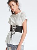 White Cotton Blend Drop Shoulder Slub T-Shirt with Lace up Wide Belt