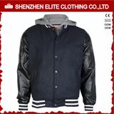 Wool Leather Varsity Letterman Jacket with Hood