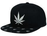 6 Panels Black Cotton Snapback Hat and Cap with White 2D Leaves Embroidery Brim