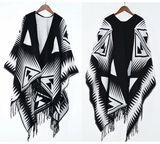 Womens Cashmere Feel Geometry Printing Fancy Cape Stole Poncho Shawl (SP308)