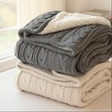 100%Cotton Cable Knit Blanket, with Faux Lambswool Back