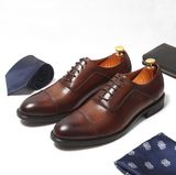 Round Cap Toe Derby Mens Dress Shoes in Brown Leather.