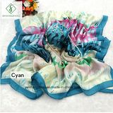 Lady Fashion Satin Silk Scarf with Feather Printed Shawl