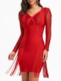 Lady Red Bandage Dress with V-Neck Collar Tassel Dress