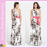 Elegant Women Halter Chiffon Print Floral Long Dress with Belt