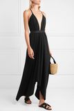Sexy V Neck Black Leather-Trimmed Cotton Maxi Party Dress for Women