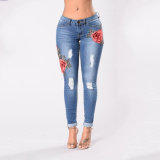 Hot Fashion Women Rose Embroidered High Waist Ripped Denim Skinny Jeans