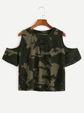 2017 Open Shoulder Camo Print Ripped Girls T Shirts Factory in Dongguan