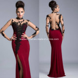 High Neck Evening Dress Illusion Long Sleeve Lace Long Party Prom Dresses B15