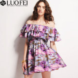 High Quality Lady Printed Crepe Plus Size Dress with Ruffles