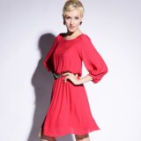 Lady Solid Chiffon Spring Summer Dress with Long Sleeves