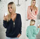 Women Sexy Deep V-Neck Long-Sleeved Zipper Sweater (80020)