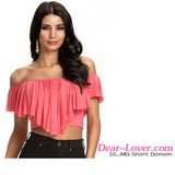 Fashion Pink Ruffles off-Shoulder Crop Tops