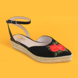 Womens Flowers Embroidered Closed Toe Black Platform Espadrilles Sandals