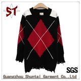 Ladies Fashion Casual Color Mixing Plaid Pattern Knit Sweater