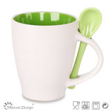 11oz White with Green Ceramic Mug with Spoon Special Shape