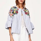 Ladies Fashion Flower Embroidery Flare Sleeve Blouse