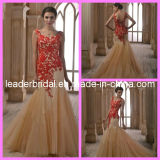 Red Lace Evening Dress Gold Tulle Mermaid Wedding Gown N13074