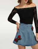 Women Clothing Factory Black Cate Lace off Shoulder Tops