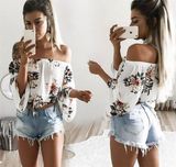 Amazon Hot Sale Women off Shoulder Printed Flowers T-Shirt