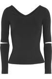 Cut out Women V Neck Sexy Bodycon Black Long Sleeves T Shirts