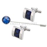 VAGULA Saphire Round Zircon Brooch Pin and Cuff Link Set 735