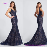 Sleeveless Hand-Beaded Lace Mermaid Evening Dress with Curved Deep V-Neckline
