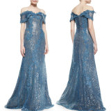 off Shoulder Prom Party Dress Blue Lace Evening Dress T92624