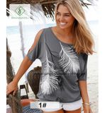 European Hot Sale Feather Printed Strapless Short Sleeved Women T-Shirt