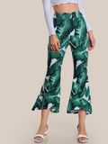 Jungle Leaf Printing Scallop Waist Flared Wide Leg Pants