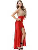 Gold Lace Red Slit Evening Long Wedding Bridal Gown Woman Dress