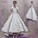 off Shoulder Wedding Gown with 3D Flowers and Flare Tea Length Skirt