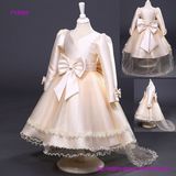 Long Sleeve Flower Girl Dress Lace Applique Ruffles