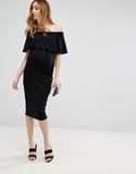 Maternity Bardot Pencil Dress Wuth Ruffle