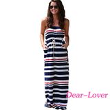 Nautical Navy Blue Stripe Print Strapless Maxi Dress