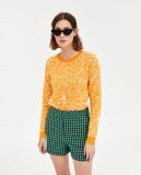 Women Short Diagonal Knit Sweater with Round Neckline