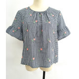Summer Women Clothing Short Sleeve Woven Embroidery Flare Sleeve Blouse
