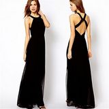 2015 Fashion Cross Backless Halter Chiffon Maxi Party Dress (14317)