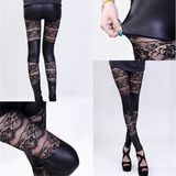 Black PU Leggings for Women Lace Splicing Stretch Tights P1257