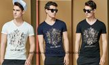 Fashion V-Neck Slub Cotton Mens Print T-Shirt