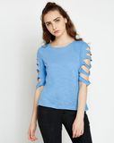 2017 Hot Sale Plain Color Light Blue Olivia Cut out Tee Shirts