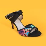 Ladies Black Satin Embproidery Flower Strappy Sandals for Women