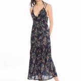 Fashion Women Low-Cut V-Neck Flower Printed Blackless Beach Slip Dress