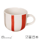 6oz Ceramic Soup Mug with Red Strips Hand Painted Design