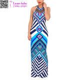 Blue Tribal Print Halter Backless Slit Sexy Bodycon Plus Size Maxi Dress L51408-1