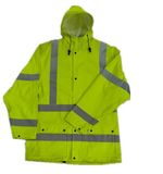 PU Coated Hooded Yellow Reflective PU Raincoat/Safety Clothing