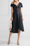 Classic Black Lace-up Asymmetric Cotton-Poplin Sexy Dress for Women