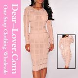 New Arrvial Lady Beige Studded Long Sleeve Bandage Dress