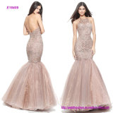 Hot Sale Halter Beaded Mermaid Prom Dress with an Organza Skirt and Sexy Open Back